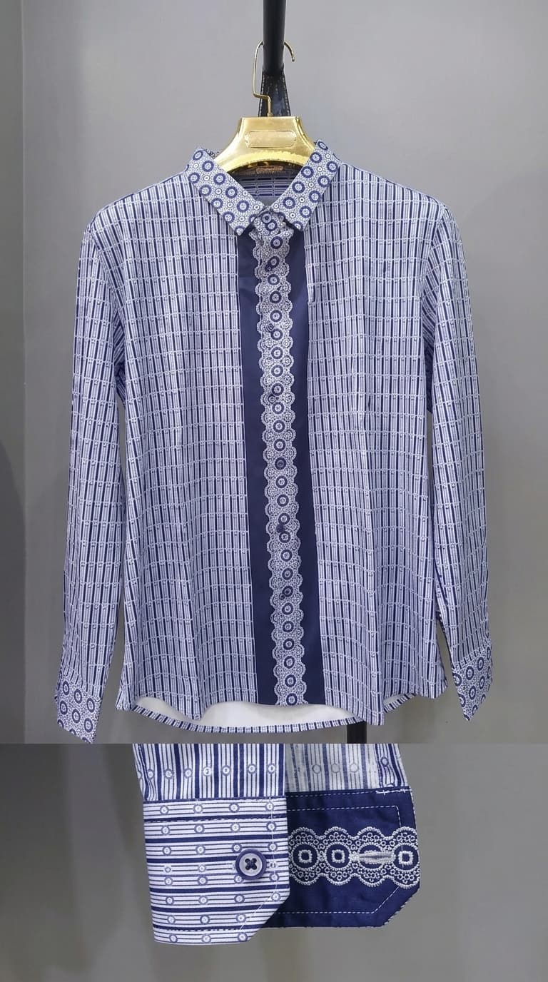 Blue & White Decorative Striped Dress Shirt — view 3